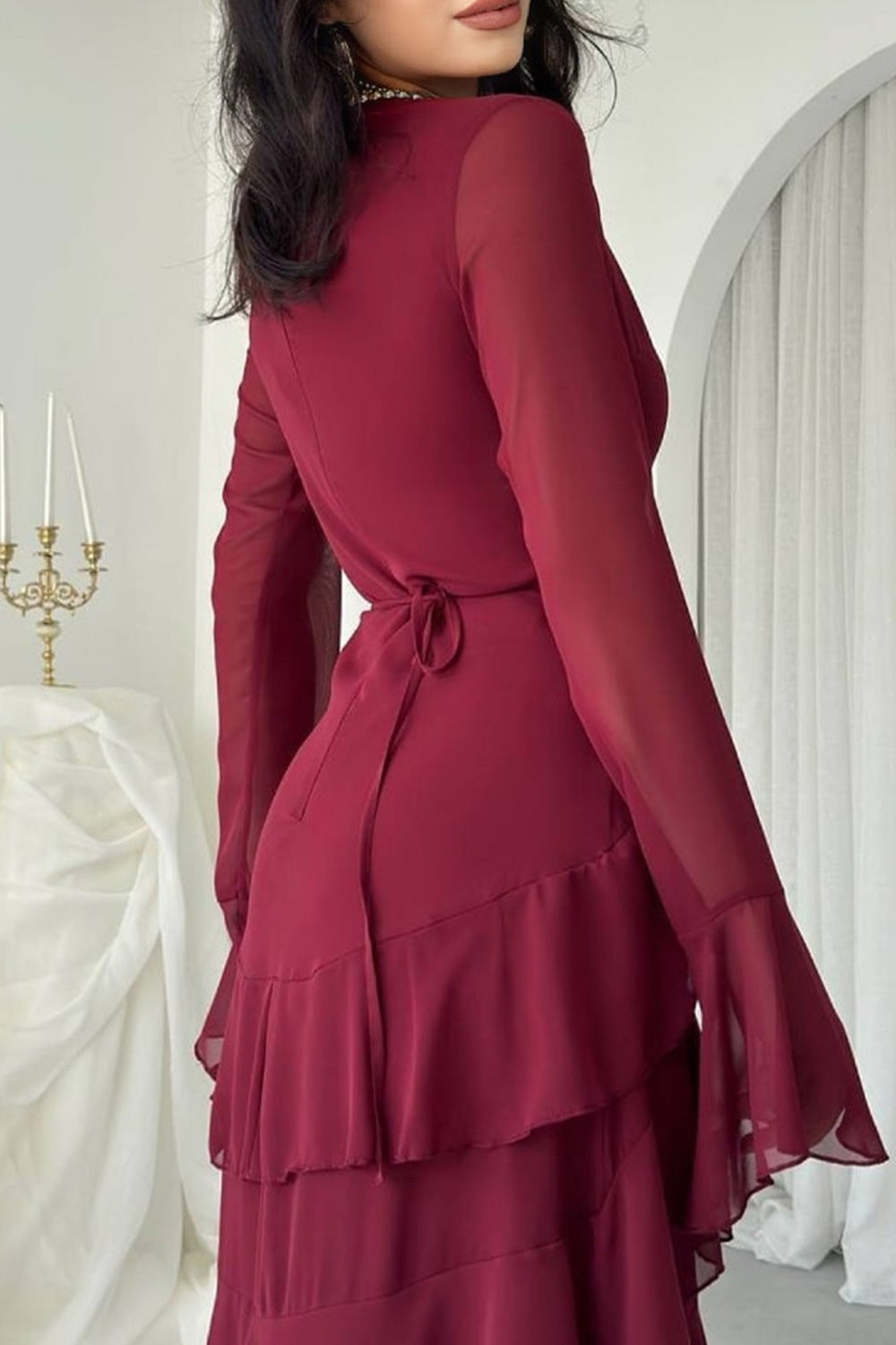 Layla Tiered Ruffle Flare Sleeve Maxi Dress-Red