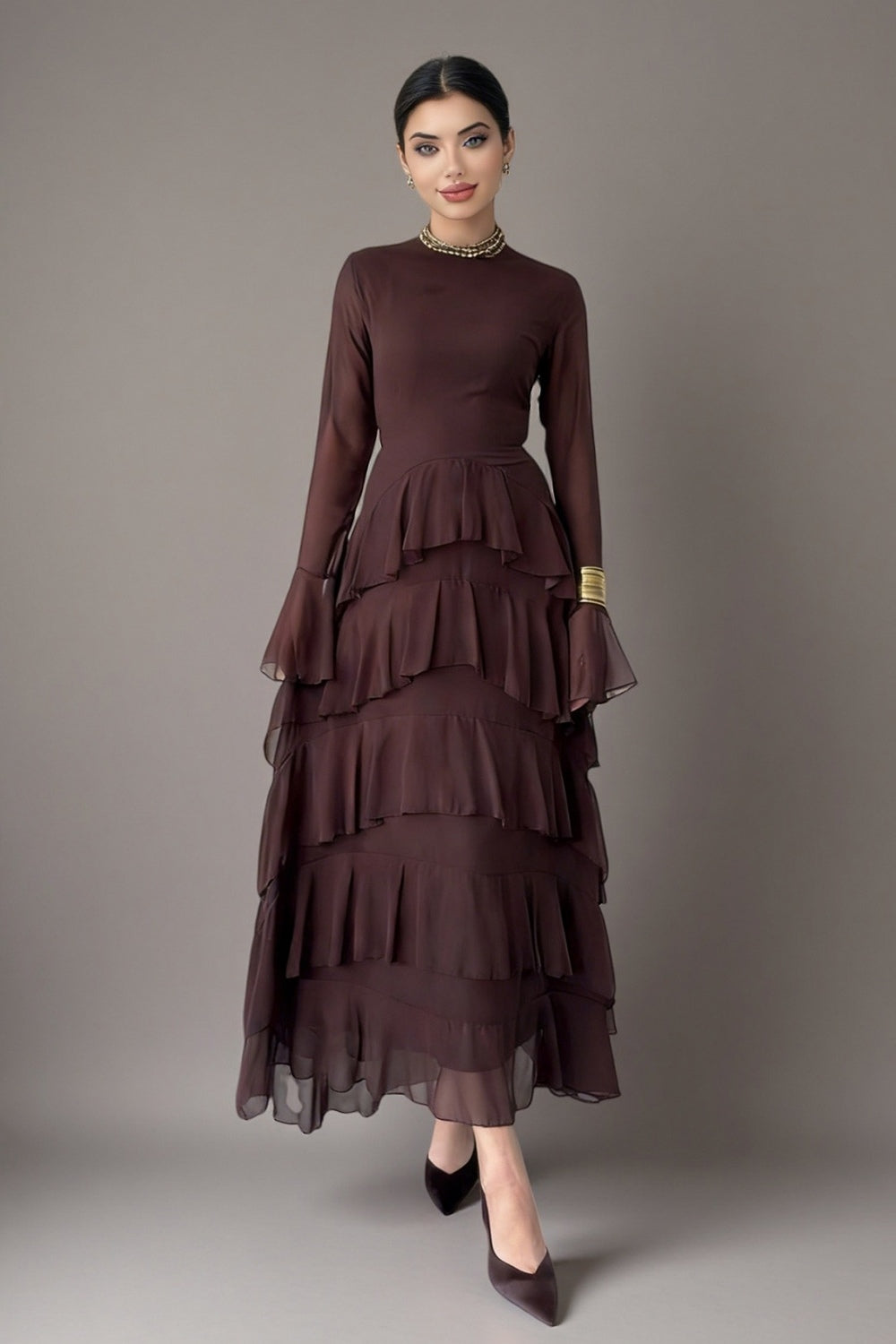 Layla Tiered Ruffle Flare Sleeve Maxi Dress-Brown