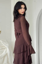Layla Tiered Ruffle Flare Sleeve Maxi Dress-Brown