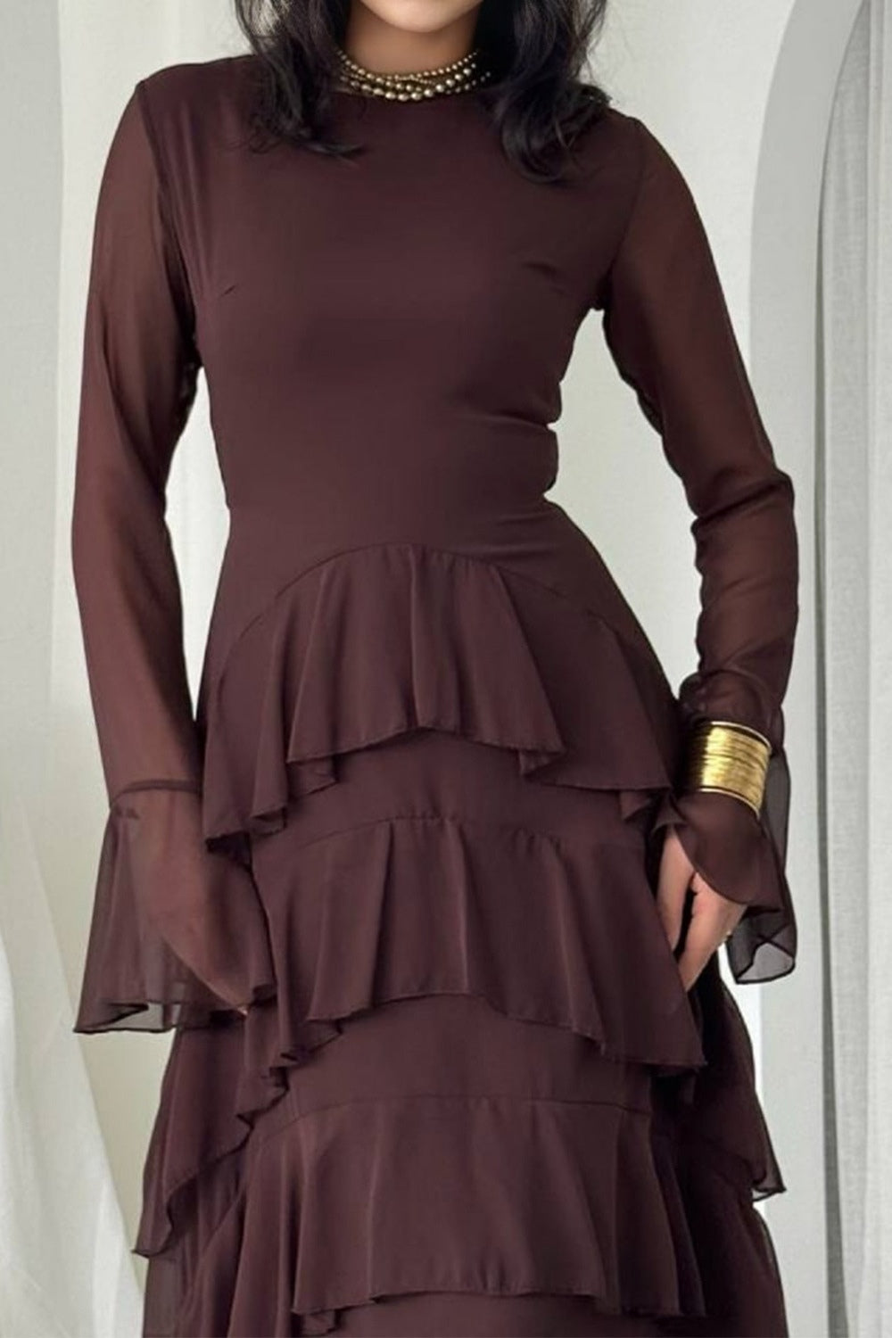 Layla Tiered Ruffle Flare Sleeve Maxi Dress-Brown