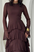 Layla Tiered Ruffle Flare Sleeve Maxi Dress-Brown