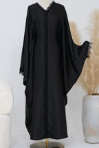 Sara Lace Trim Batwing Satin Abaya-Black