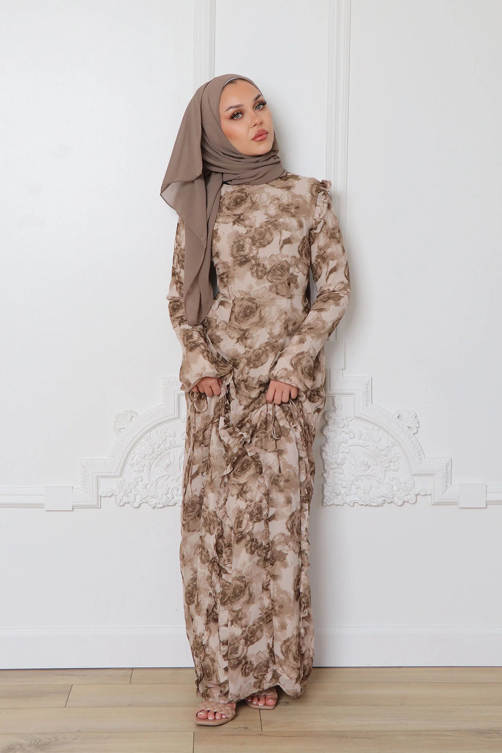 Salma Asymmetric Ruffle-Trim Floral Maxi-Coffee
