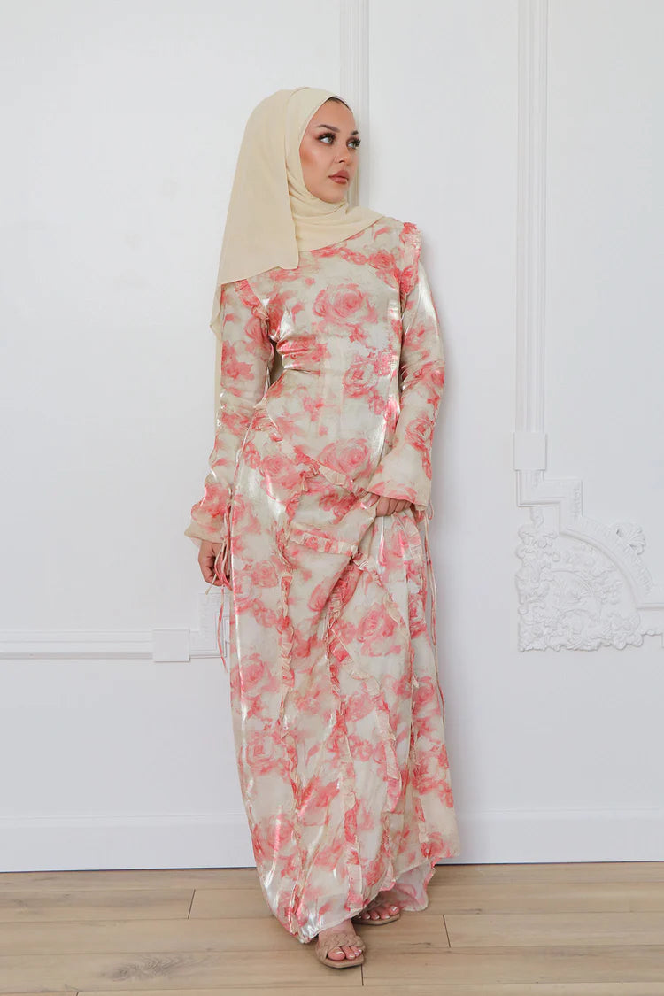 Salma Asymmetric Ruffle-Trim Floral Maxi-Pink