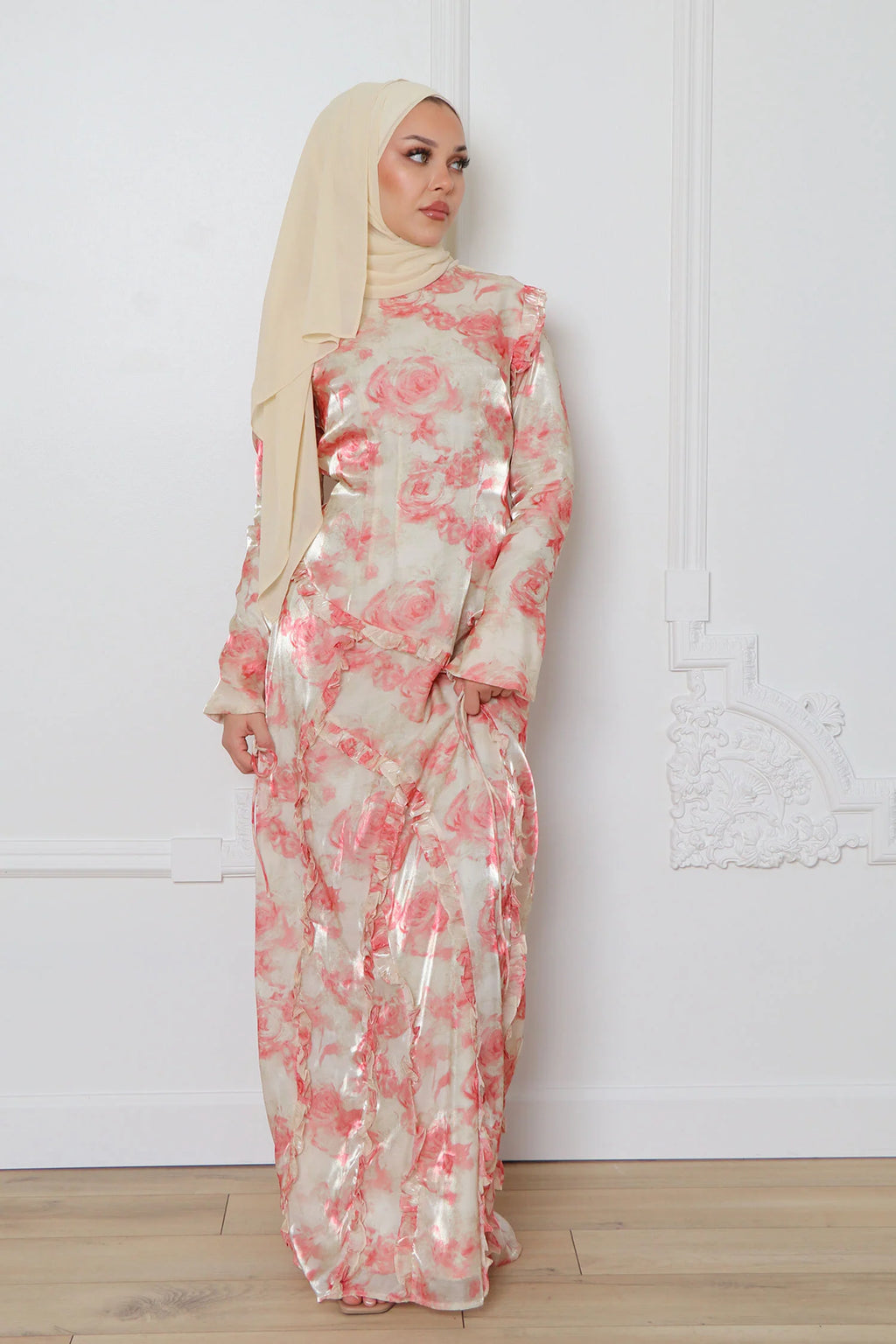 Salma Asymmetric Ruffle-Trim Floral Maxi-Pink
