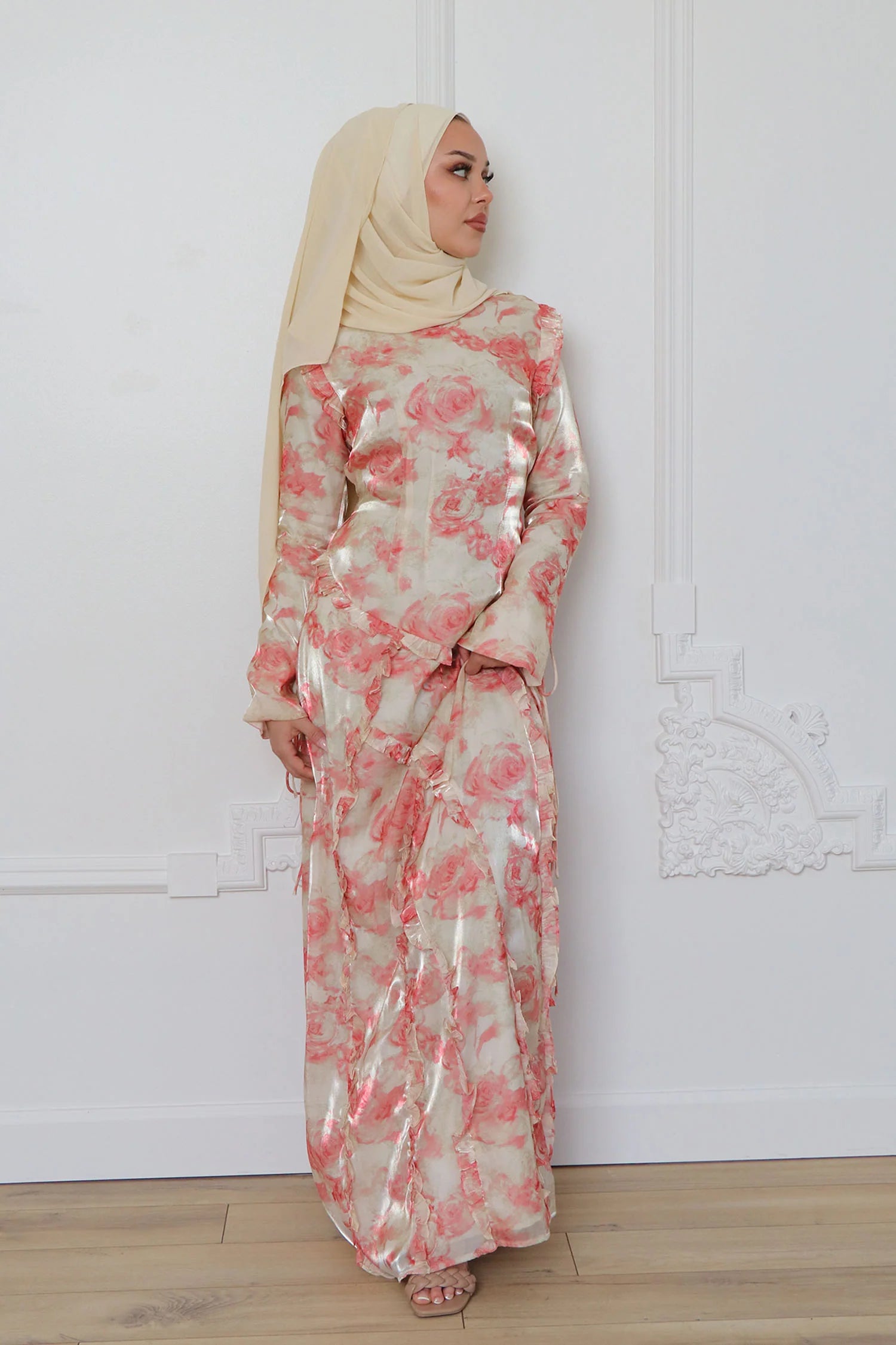 Salma Asymmetric Ruffle-Trim Floral Maxi-Pink