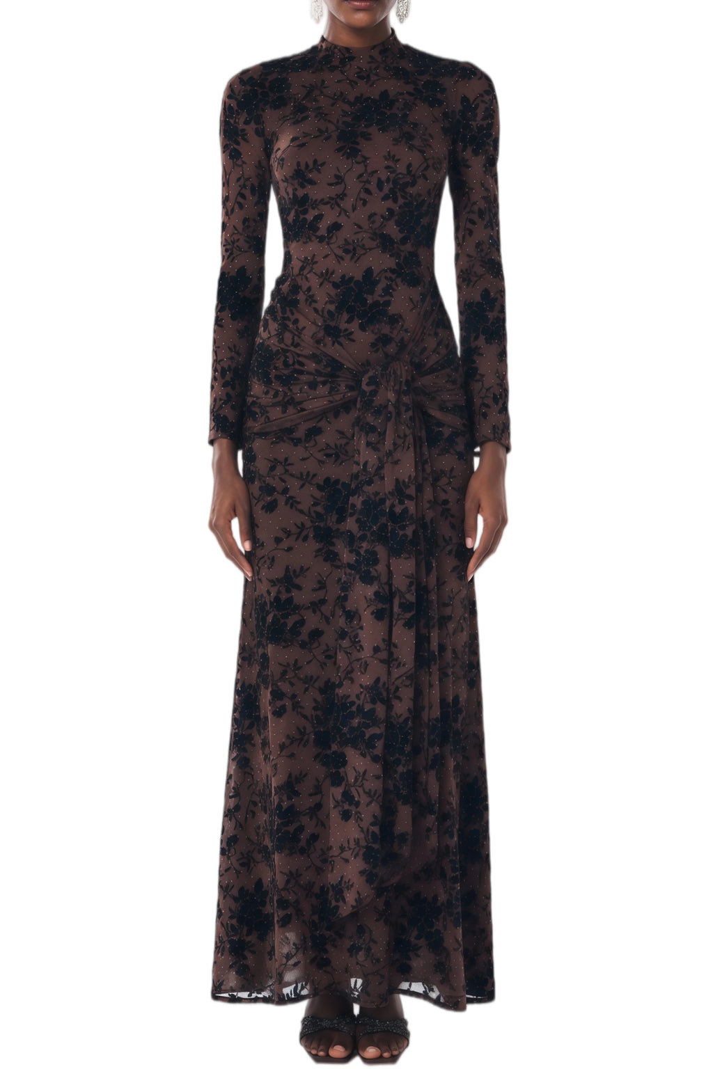 Vera Velvet Floral Twist Waist Maxi Dress-Coffee