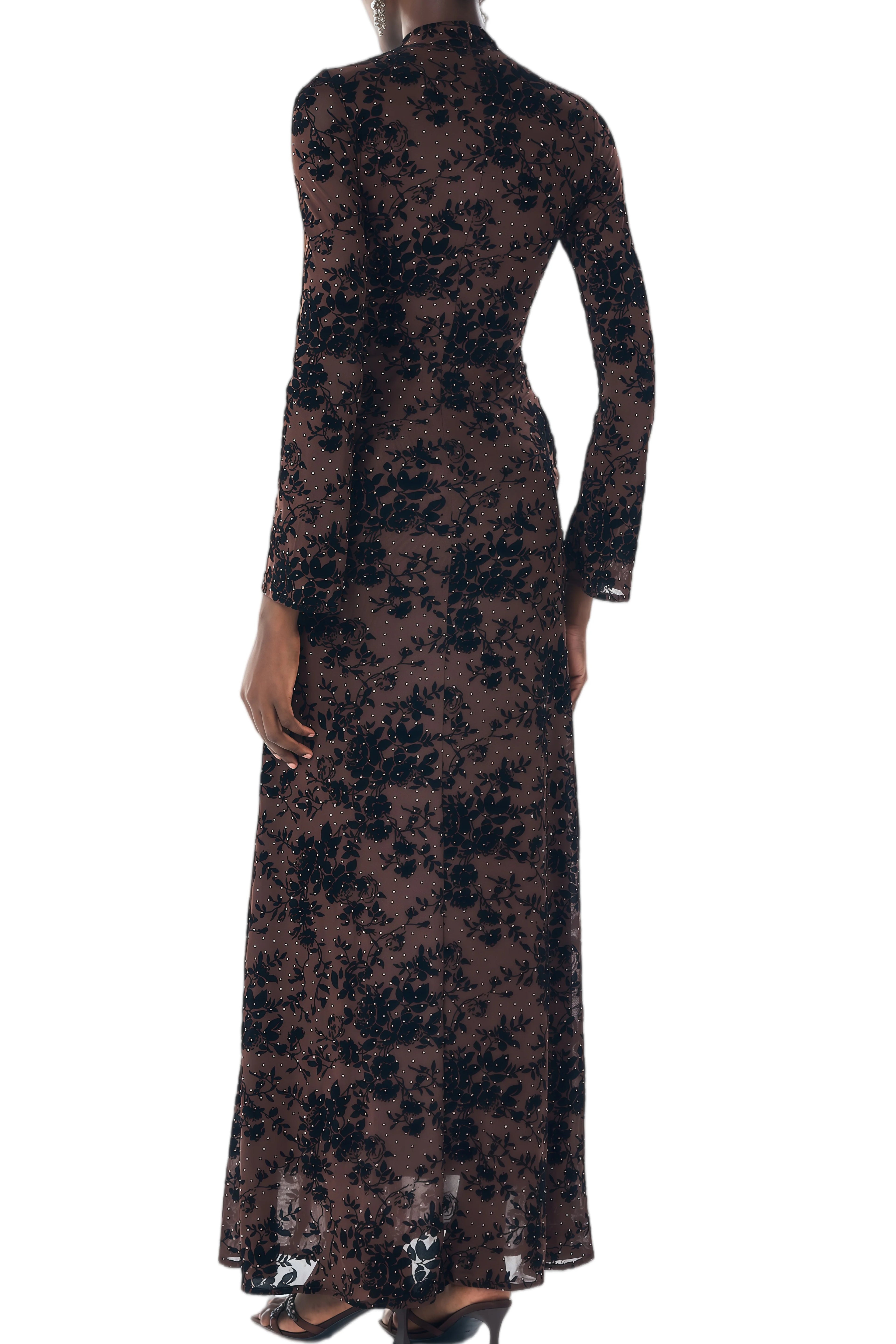 Vera Velvet Floral Twist Waist Maxi Dress-Coffee