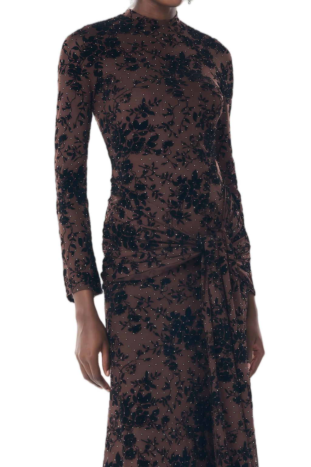 Vera Velvet Floral Twist Waist Maxi Dress-Coffee