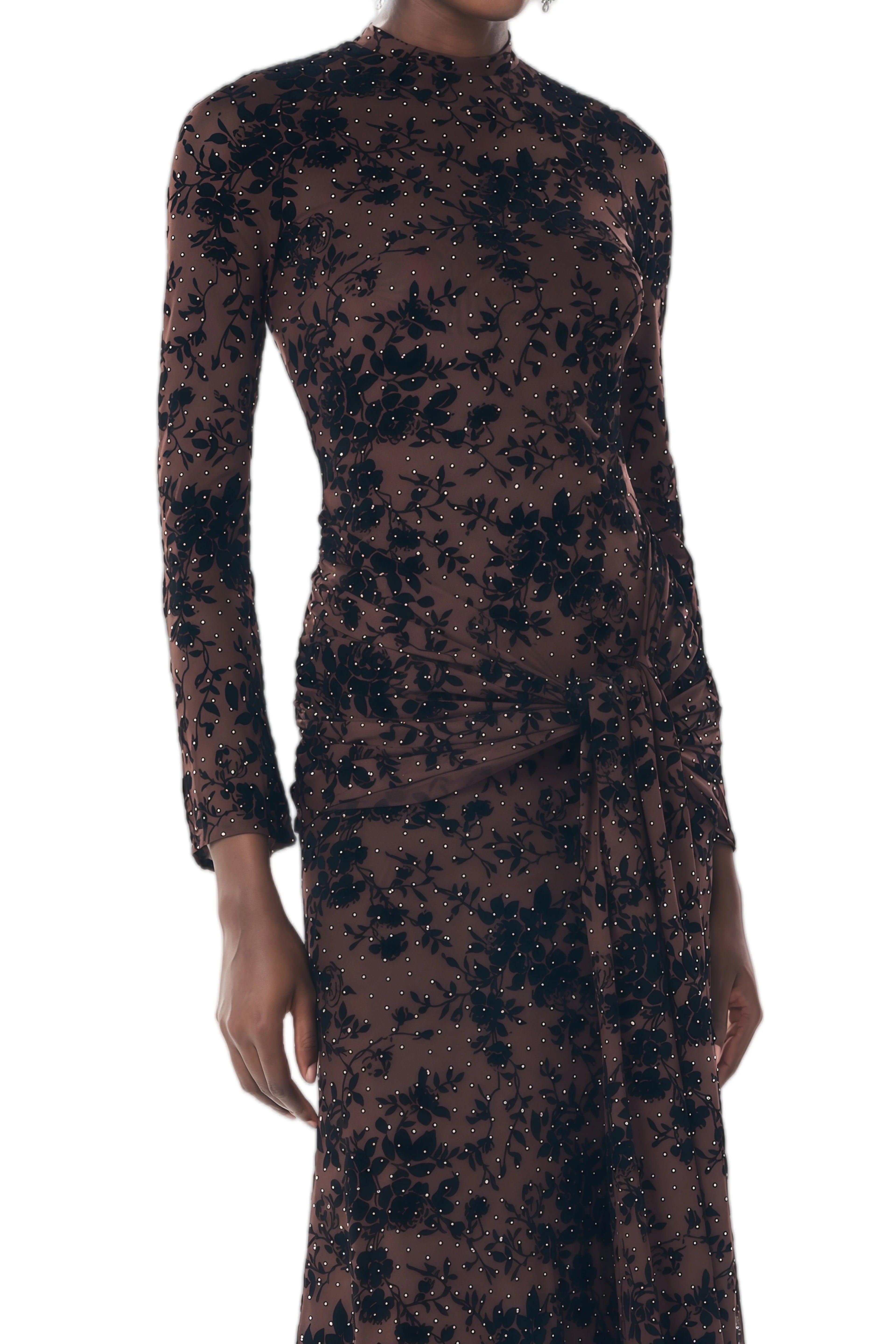 Vera Velvet Floral Twist Waist Maxi Dress-Coffee