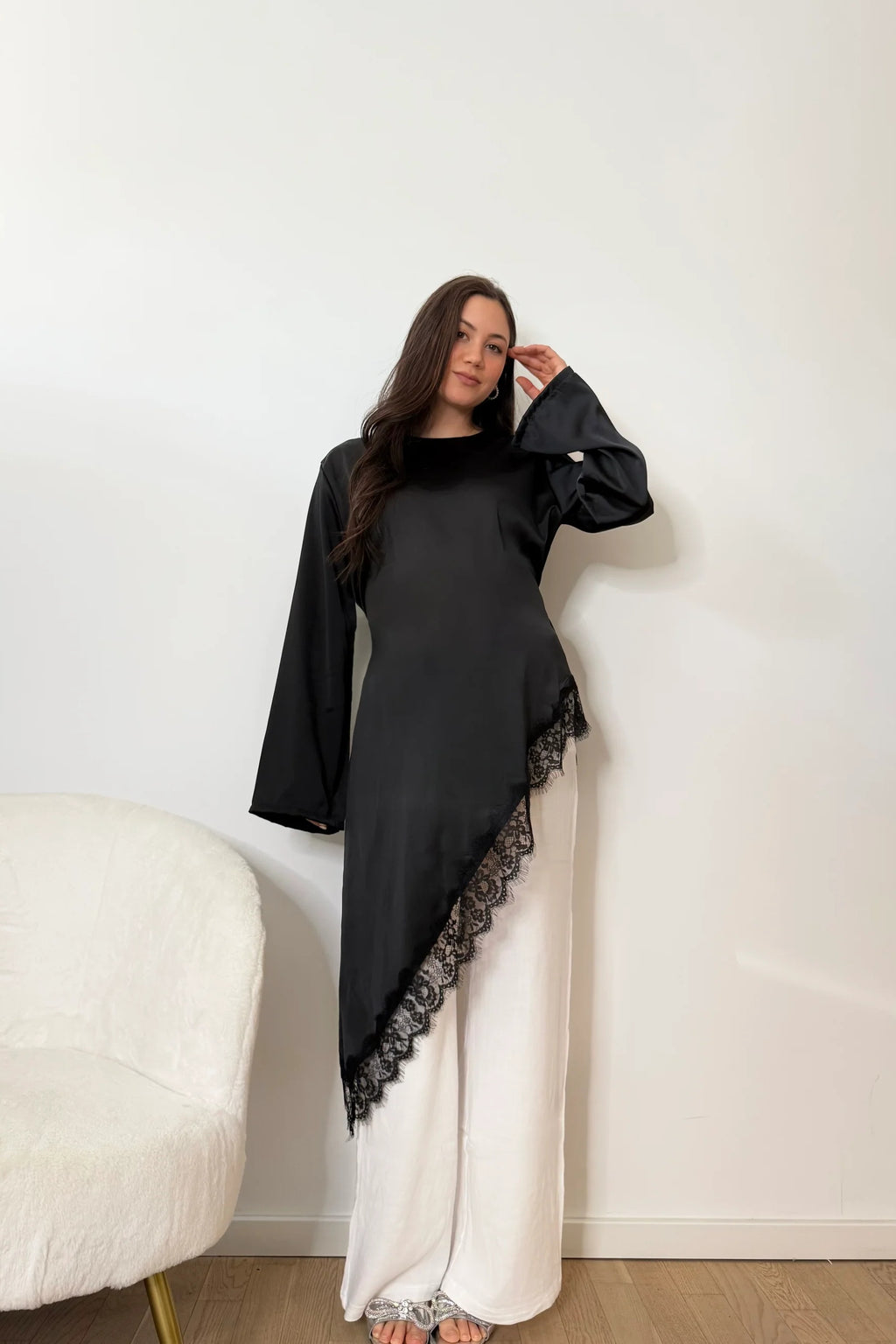 Lace-Trimmed Asymmetric Satin Modest Tunic-Black