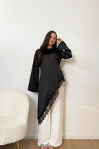 Lace-Trimmed Asymmetric Satin Modest Tunic-Black