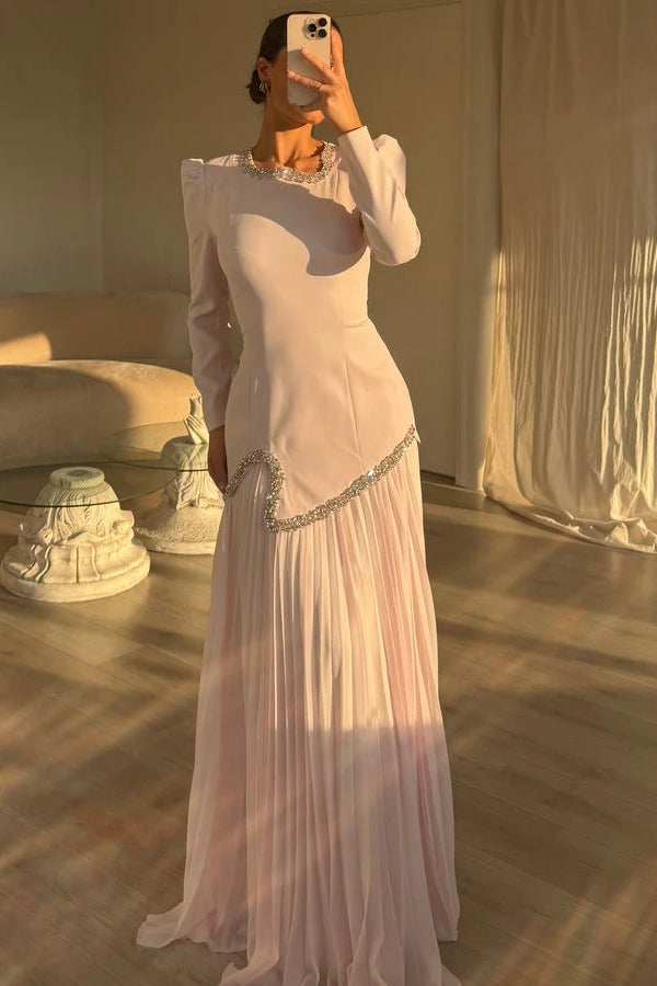 Emily Rhinestone Pleated Maxi Dress-Pink