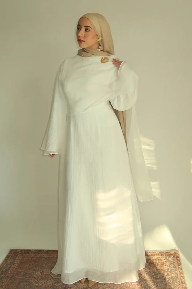 Airy Crinkled Chiffon Modest Dress-White