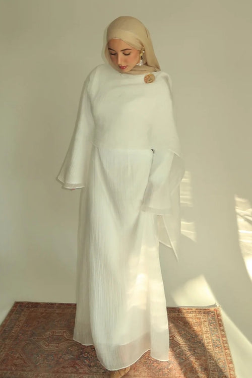 Airy Crinkled Chiffon Modest Dress-White