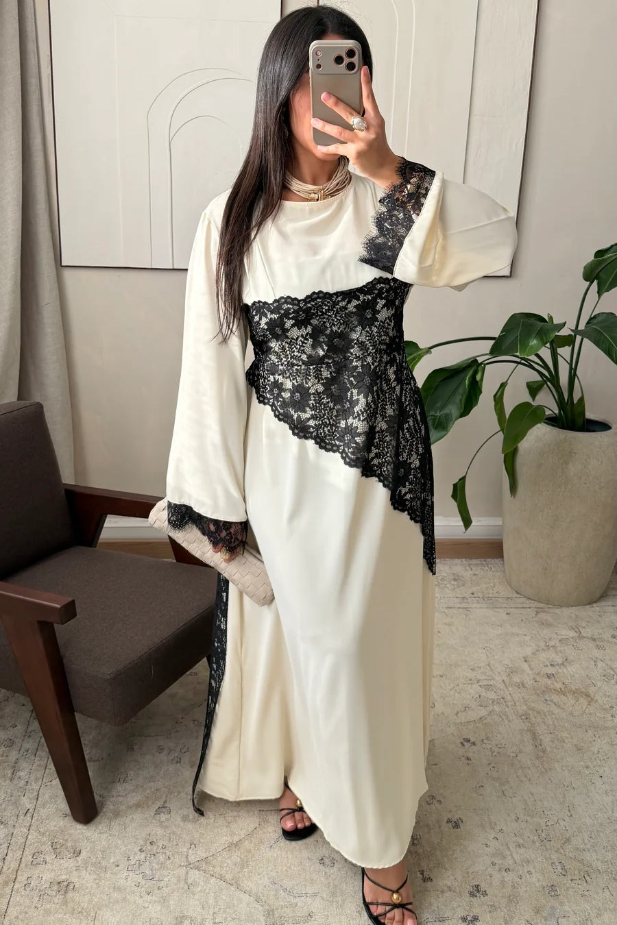 Asymmetric Lace-Trimmed Maxi Dress-Apricot