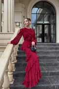 Elegant Ruffled Tiered Maxi Gown-Red