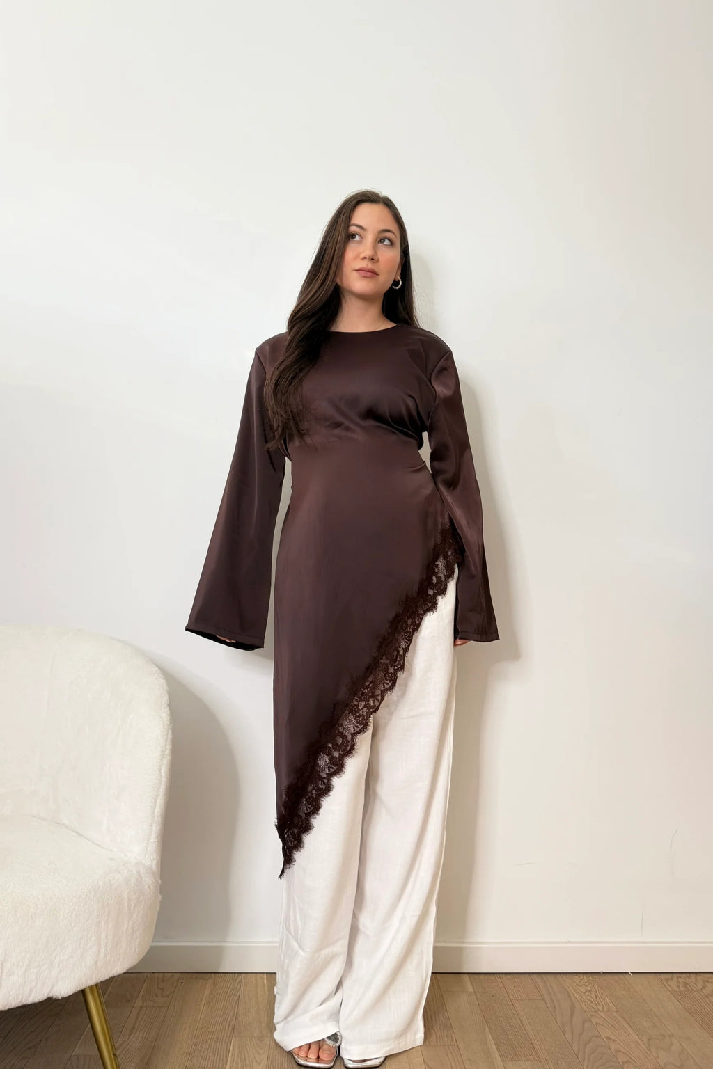 Lace-Trimmed Asymmetric Satin Modest Tunic-Coffee