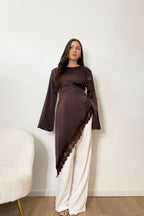 Lace-Trimmed Asymmetric Satin Modest Tunic-Coffee