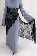Asymmetric Lace-Trimmed Maxi Dress-Blue