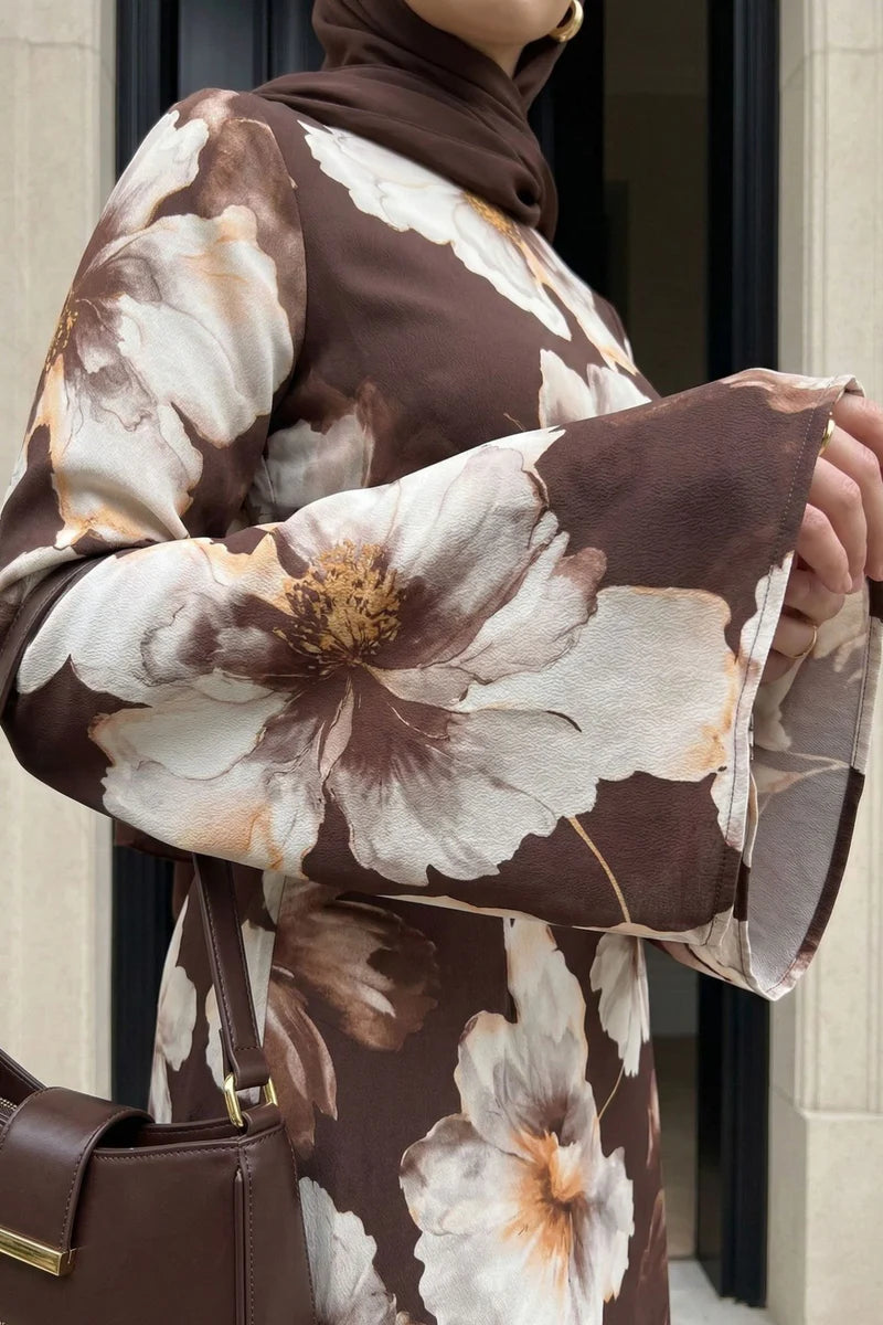 Large Floral Print Bell Sleeve Maxi Dress-Coffee