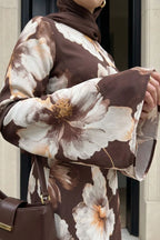 Large Floral Print Bell Sleeve Maxi Dress-Coffee