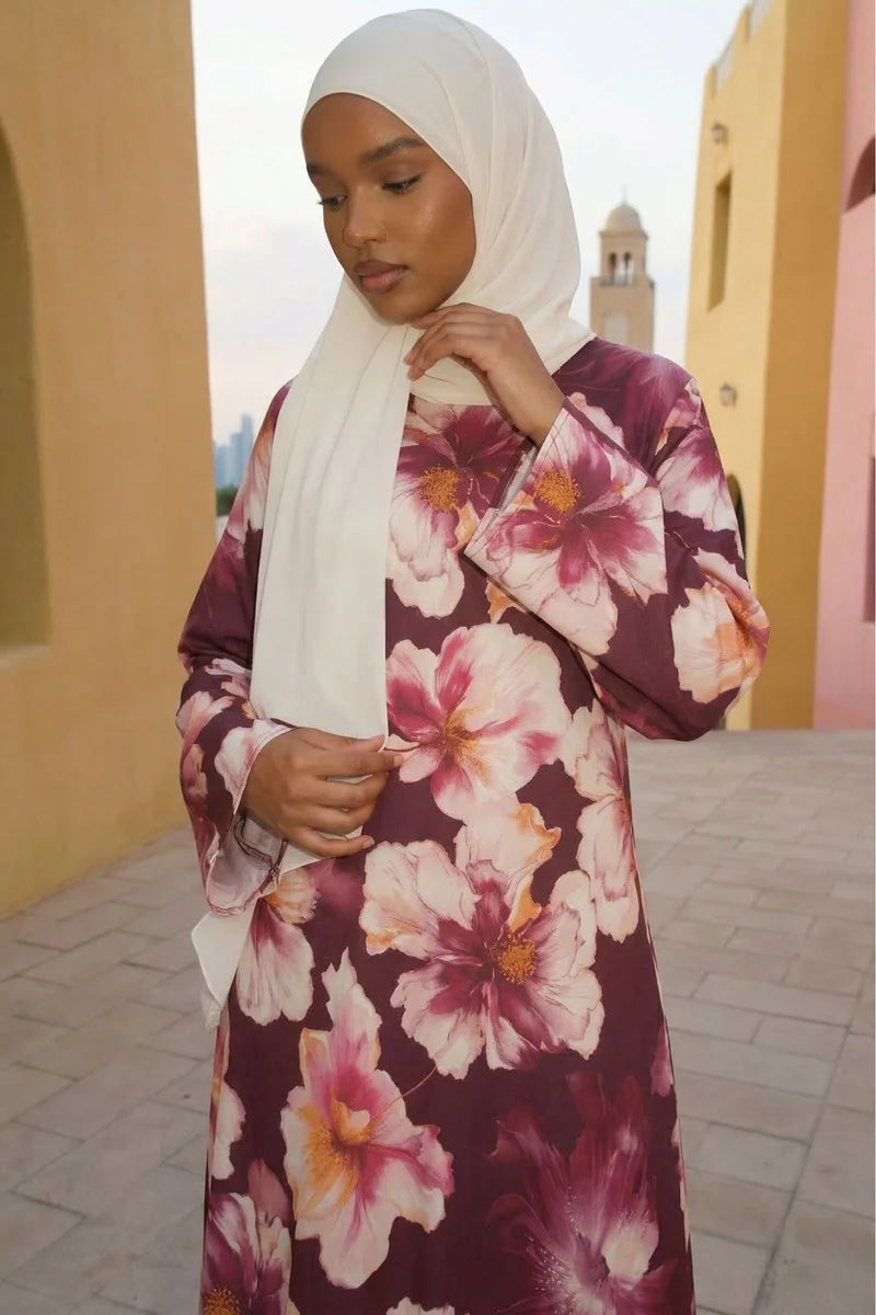 Large Floral Print Bell Sleeve Maxi Dress-Wine