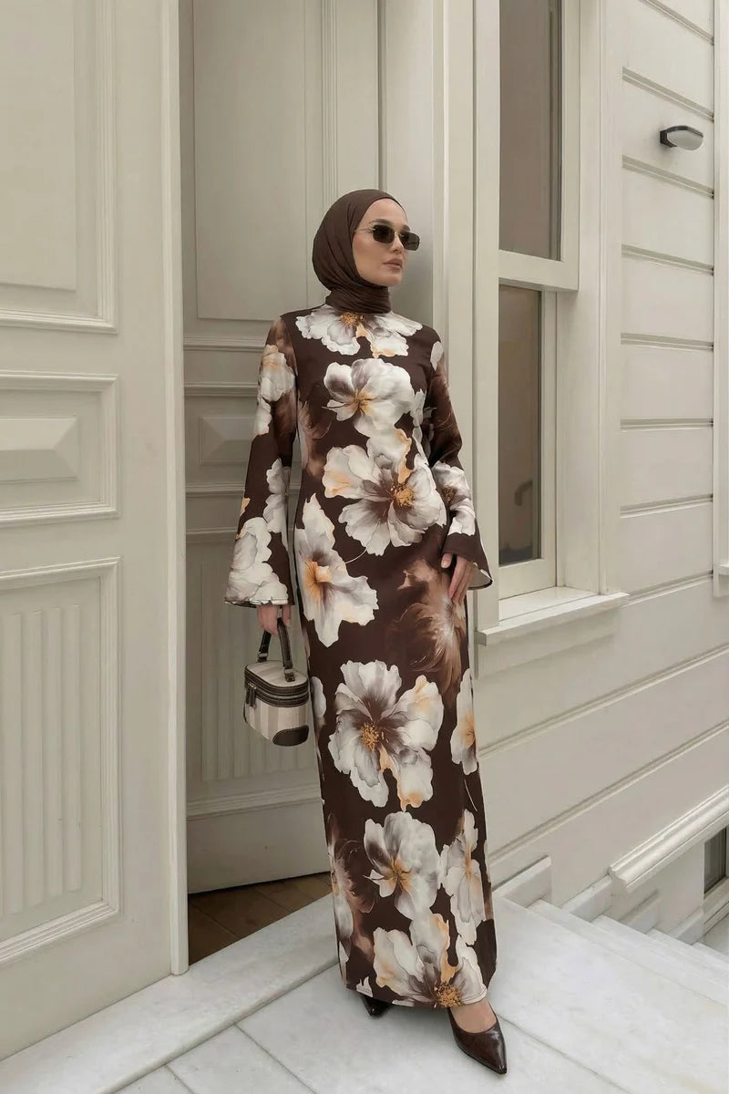 Large Floral Print Bell Sleeve Maxi Dress-Coffee