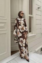 Large Floral Print Bell Sleeve Maxi Dress-Coffee