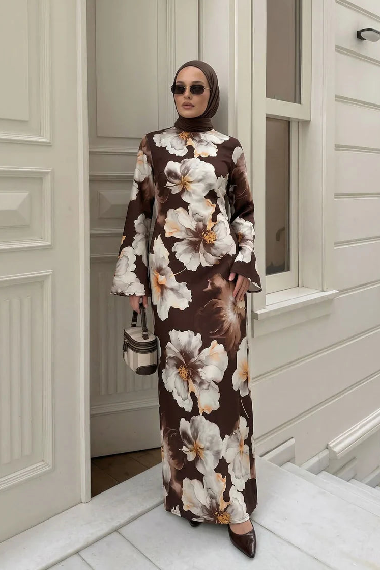 Large Floral Print Bell Sleeve Maxi Dress-Coffee