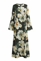 Large Floral Print Bell Sleeve Maxi Dress-Green