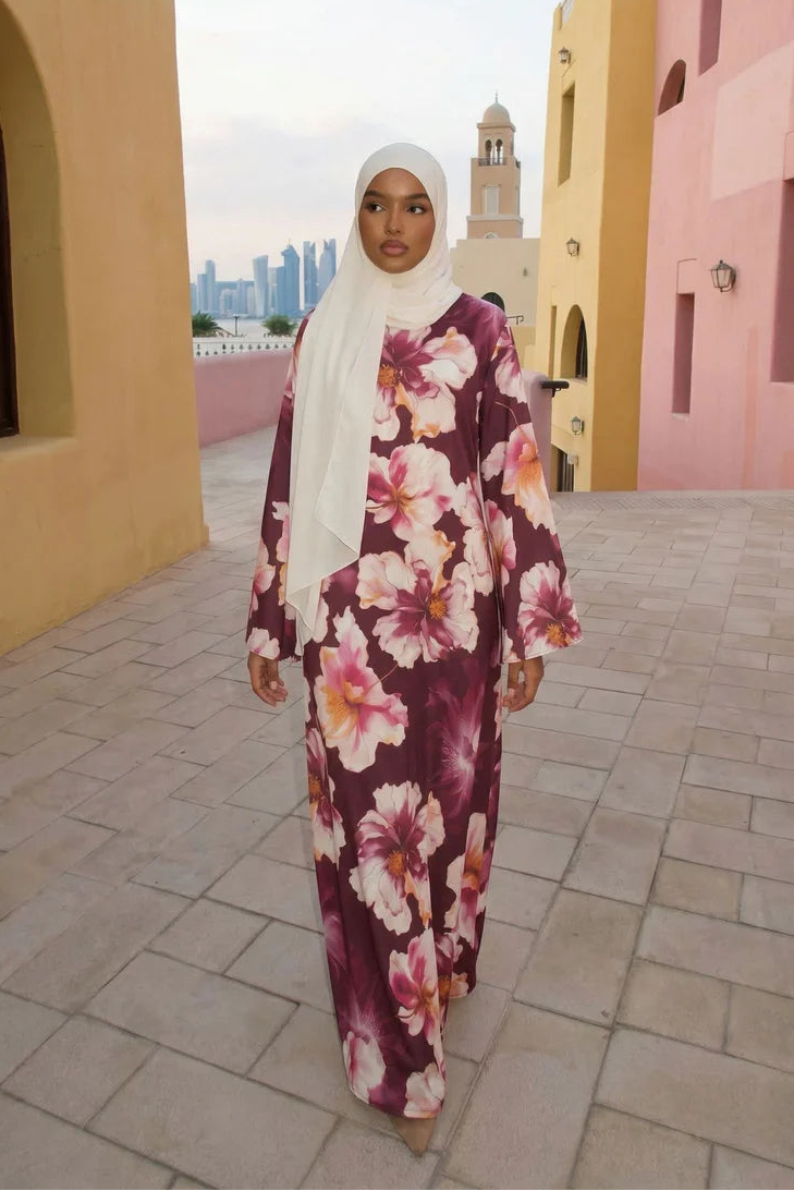 Large Floral Print Bell Sleeve Maxi Dress-Wine