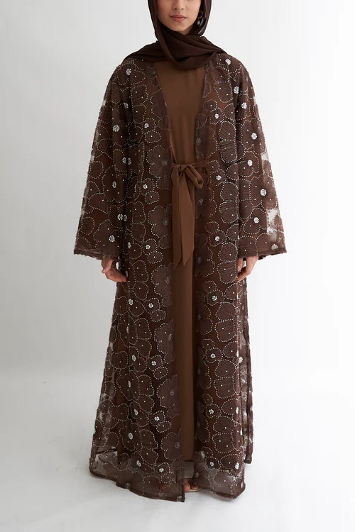Hand-Beaded Floral Mesh Abaya Two-Piece Set-Coffee