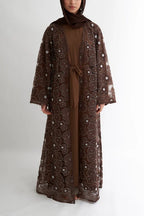 Hand-Beaded Floral Mesh Abaya Two-Piece Set-Coffee