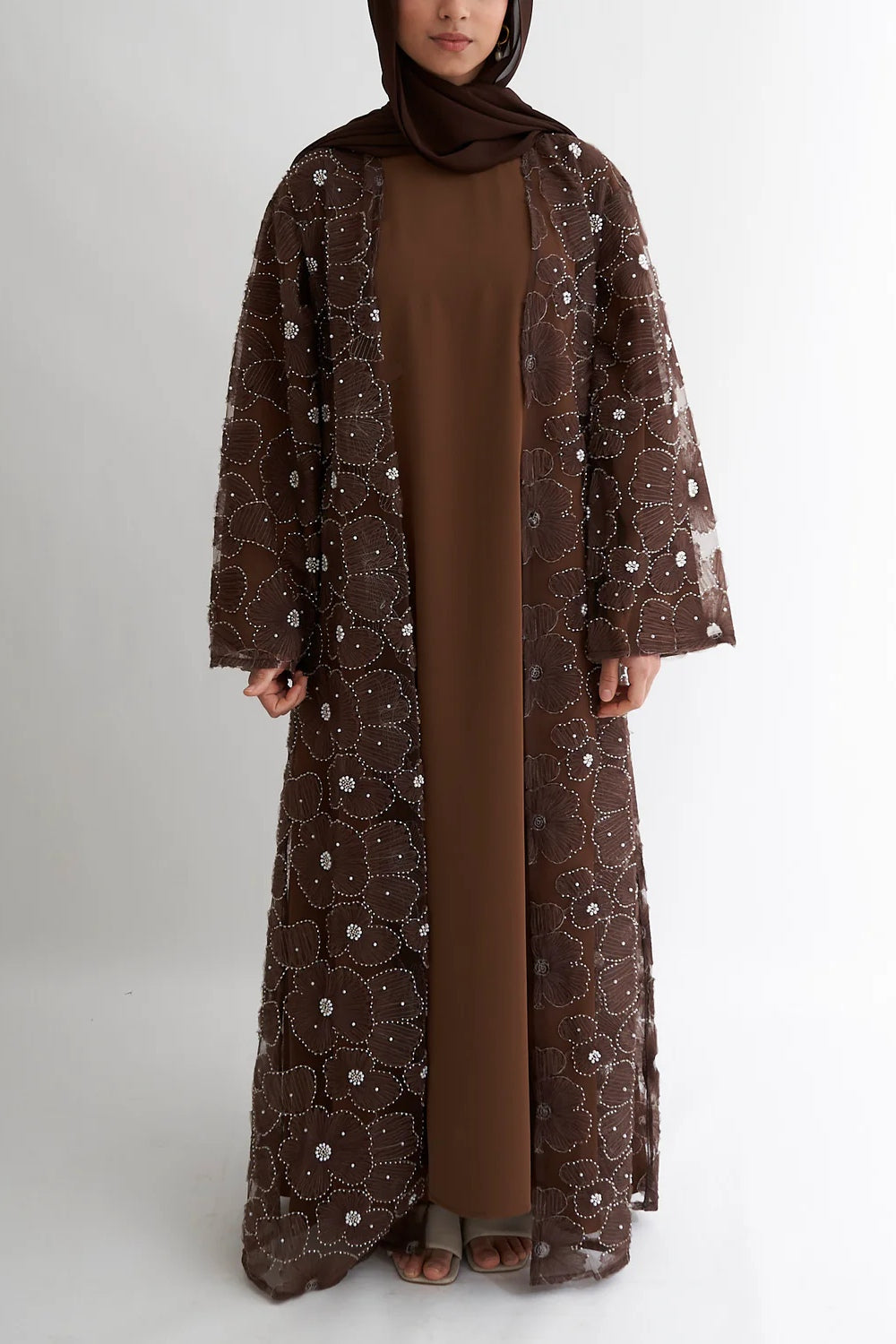 Hand-Beaded Floral Mesh Abaya Two-Piece Set-Coffee