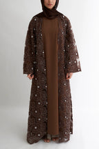 Hand-Beaded Floral Mesh Abaya Two-Piece Set-Coffee