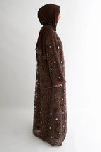 Hand-Beaded Floral Mesh Abaya Two-Piece Set-Coffee