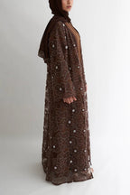 Hand-Beaded Floral Mesh Abaya Two-Piece Set-Coffee