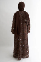 Hand-Beaded Floral Mesh Abaya Two-Piece Set-Coffee