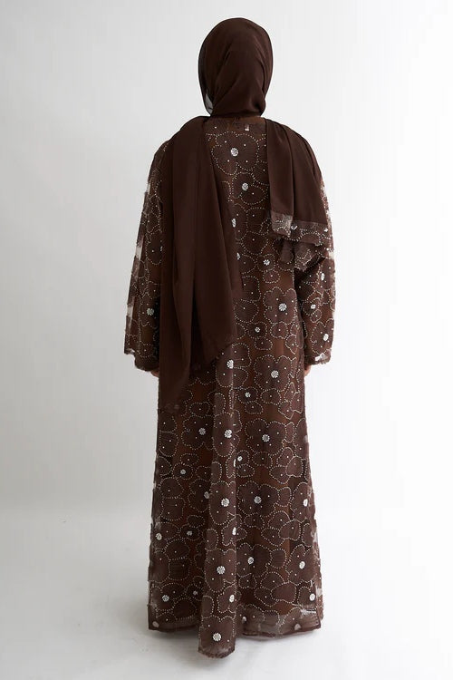 Hand-Beaded Floral Mesh Abaya Two-Piece Set-Coffee