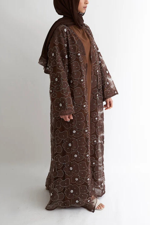 Hand-Beaded Floral Mesh Abaya Two-Piece Set-Coffee