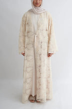 Hand-Beaded Floral Mesh Abaya Two-Piece Set-Apricot