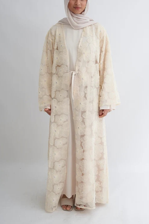 Hand-Beaded Floral Mesh Abaya Two-Piece Set-Apricot