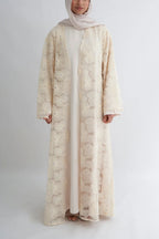 Hand-Beaded Floral Mesh Abaya Two-Piece Set-Apricot