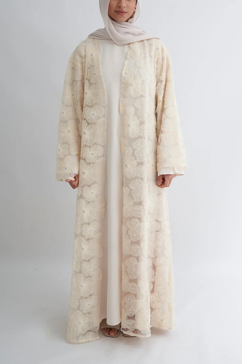 Hand-Beaded Floral Mesh Abaya Two-Piece Set-Apricot
