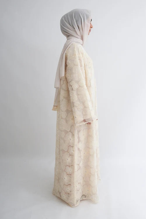 Hand-Beaded Floral Mesh Abaya Two-Piece Set-Apricot