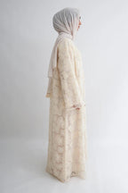 Hand-Beaded Floral Mesh Abaya Two-Piece Set-Apricot