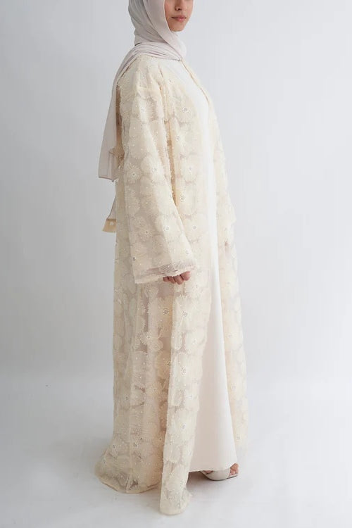 Hand-Beaded Floral Mesh Abaya Two-Piece Set-Apricot