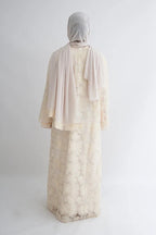 Hand-Beaded Floral Mesh Abaya Two-Piece Set-Apricot
