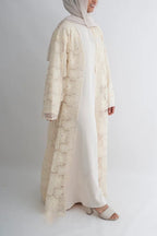 Hand-Beaded Floral Mesh Abaya Two-Piece Set-Apricot
